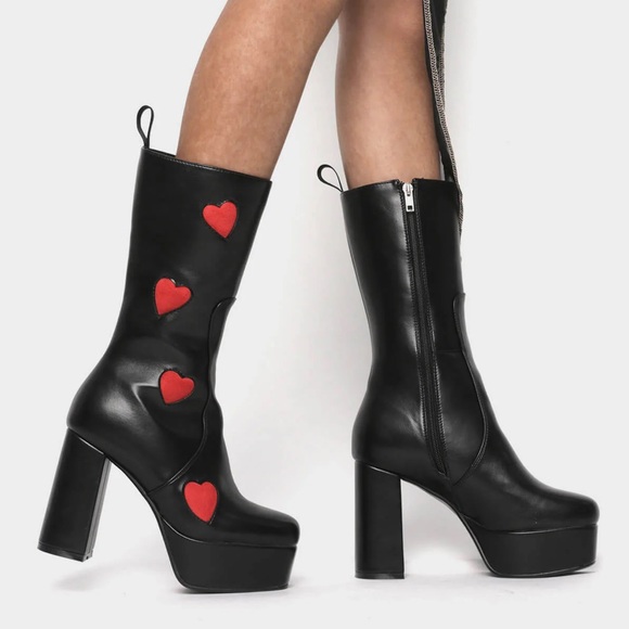 NEW Dolls Kill La Moda Red Heart & Black Calf “Game of Love” Platform Boots Sz 9 - Picture 10 of 12